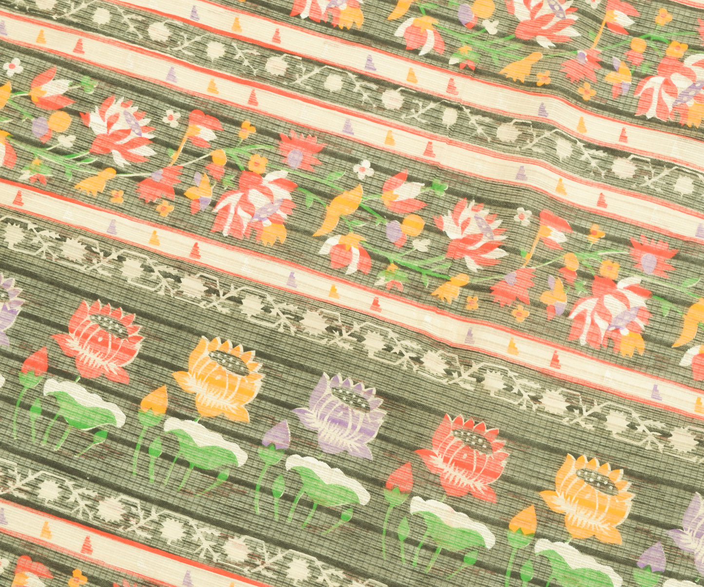 Sushila Vintage Cream Indian Saree Blend Cotton Hand Printed Floral Craft Fabric