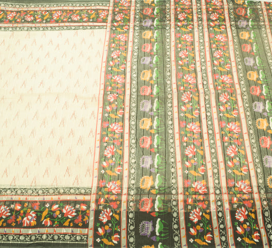 Sushila Vintage Cream Indian Saree Blend Cotton Hand Printed Floral Craft Fabric
