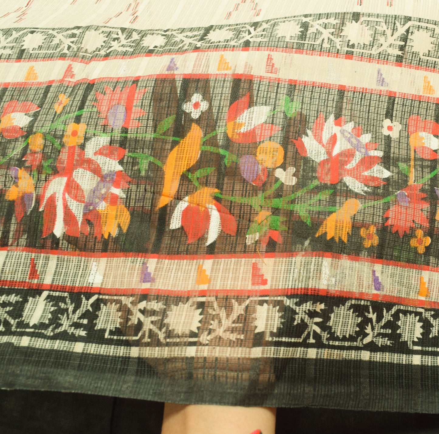 Sushila Vintage Cream Indian Saree Blend Cotton Hand Printed Floral Craft Fabric