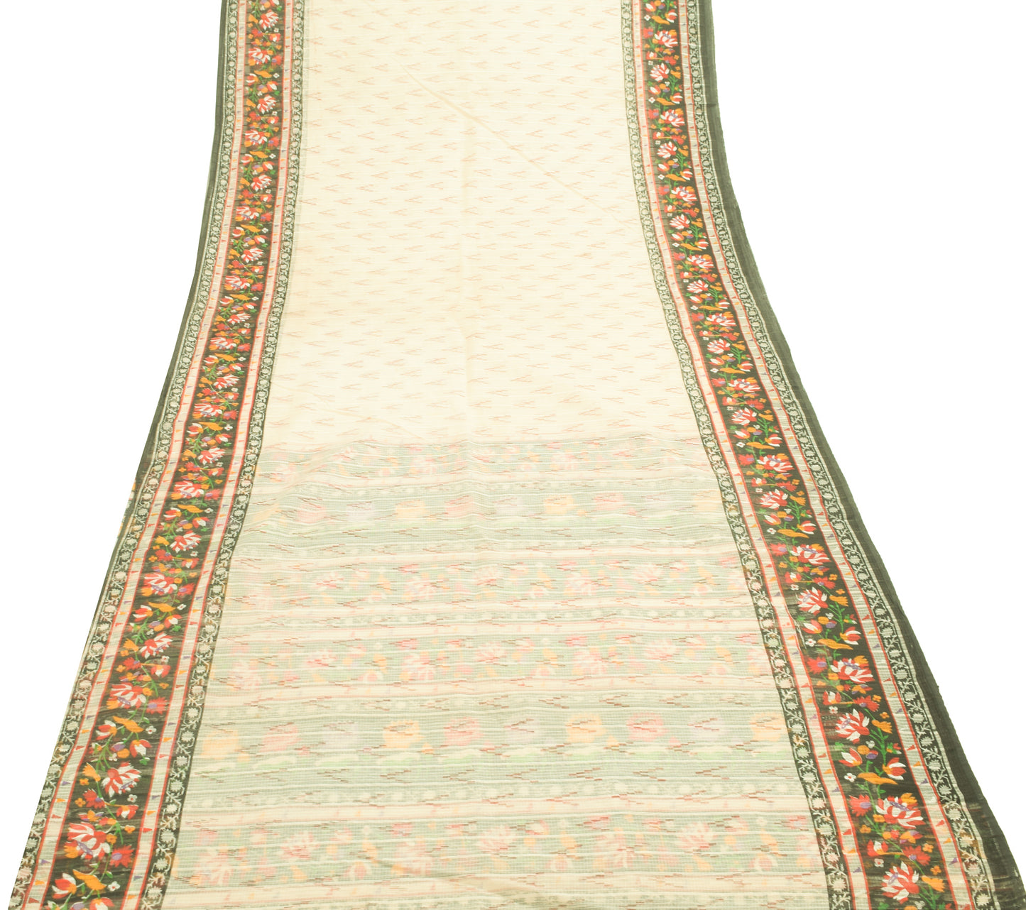 Sushila Vintage Cream Indian Saree Blend Cotton Hand Printed Floral Craft Fabric