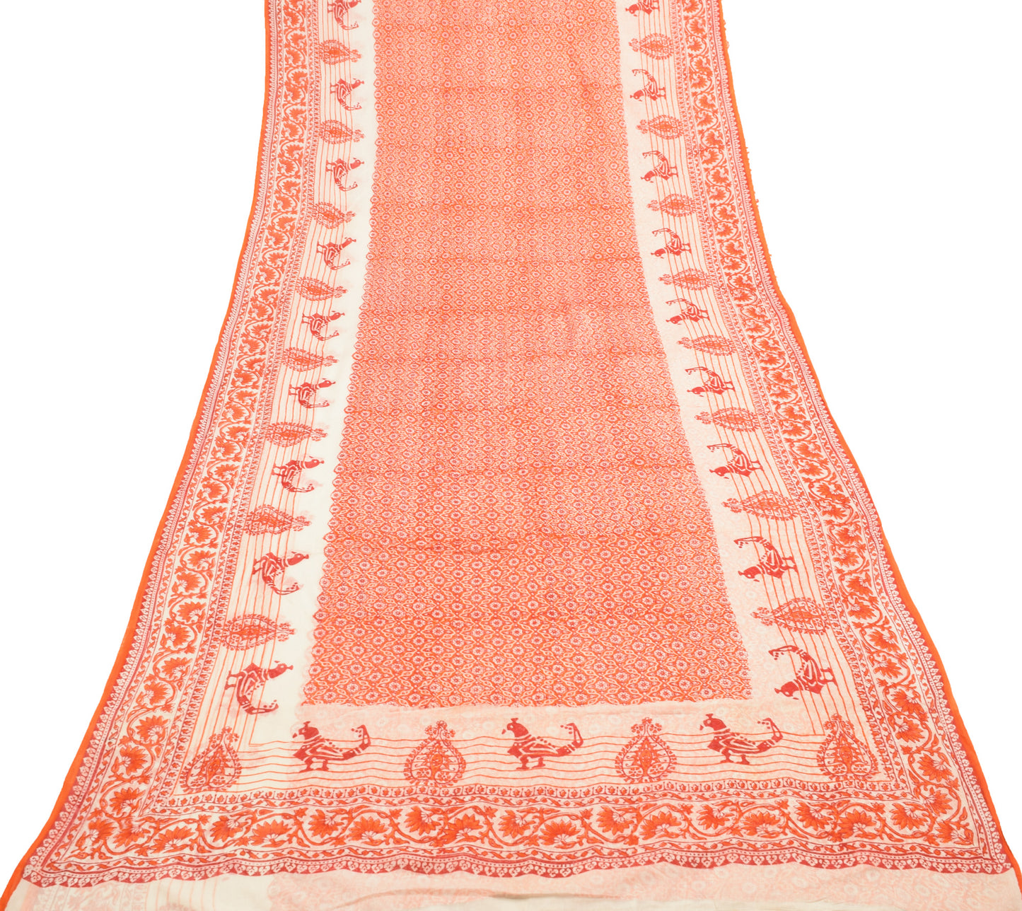 Sushila Vintage Orange Saree 100% Pure Cotton Hand Block Printed Soft Fabric