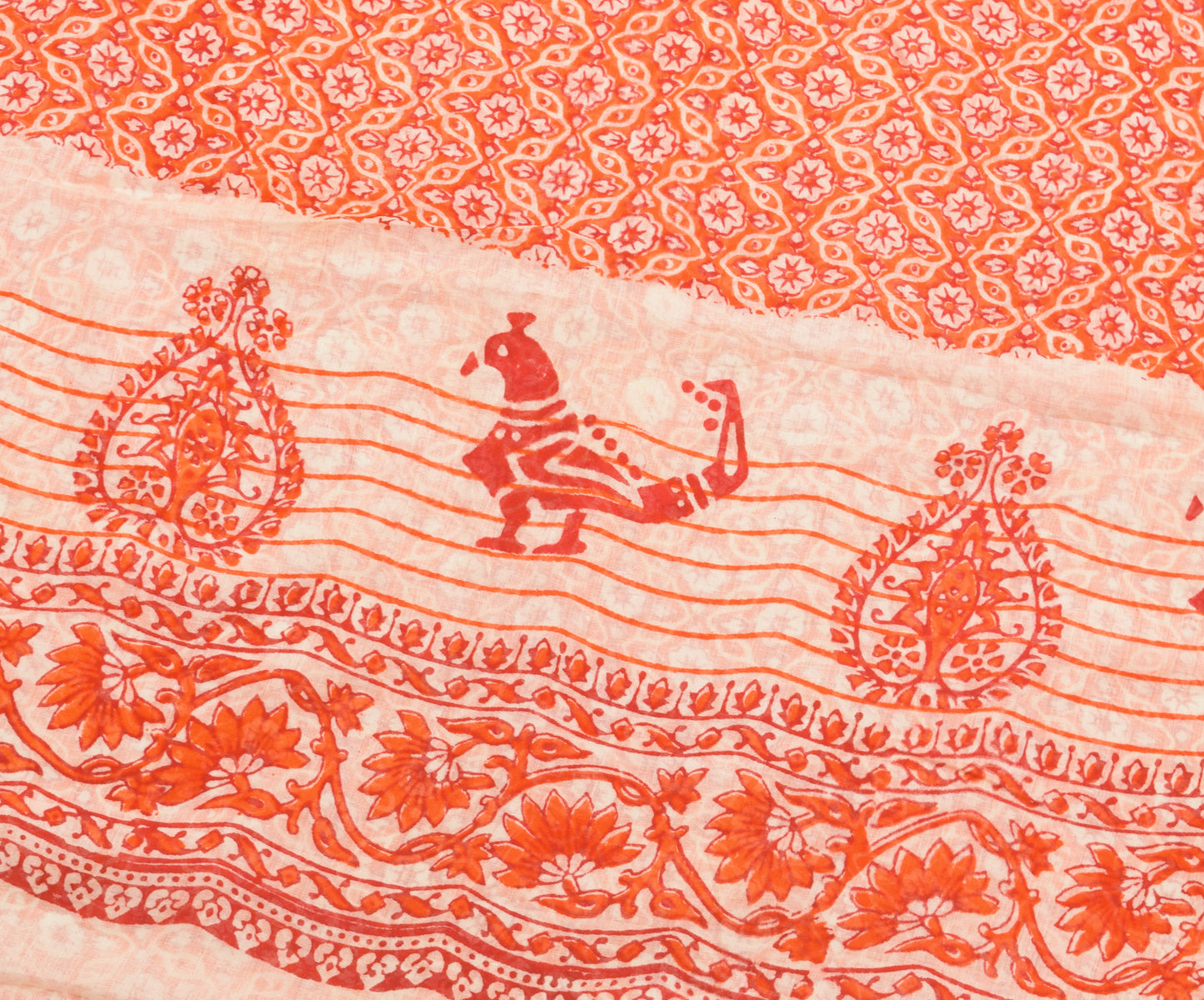 Sushila Vintage Orange Saree 100% Pure Cotton Hand Block Printed Soft Fabric