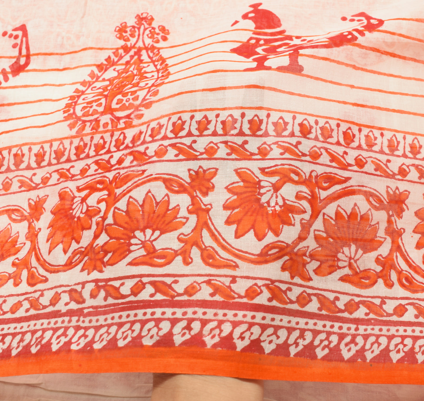 Sushila Vintage Orange Saree 100% Pure Cotton Hand Block Printed Soft Fabric