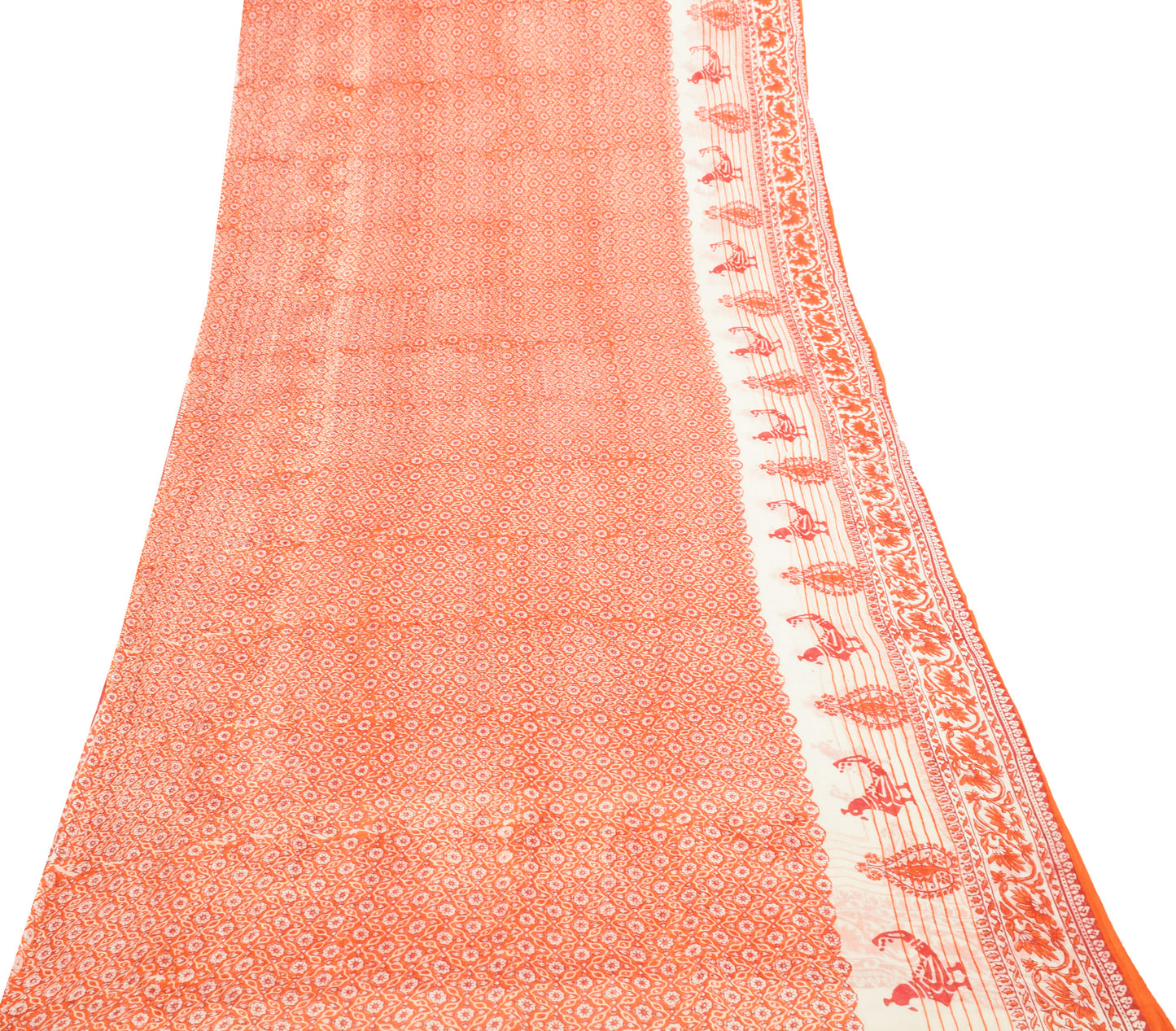 Sushila Vintage Orange Saree 100% Pure Cotton Hand Block Printed Soft Fabric