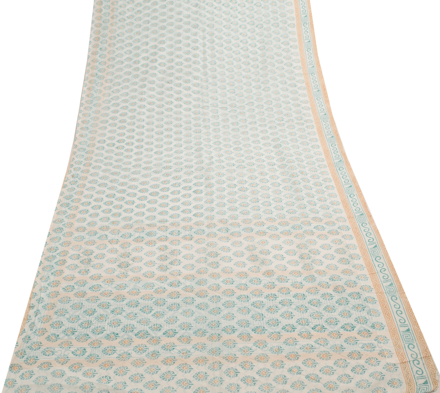 Sushila Vintage White Floral Saree Blend Cotton Hand Block Printed Craft Fabric