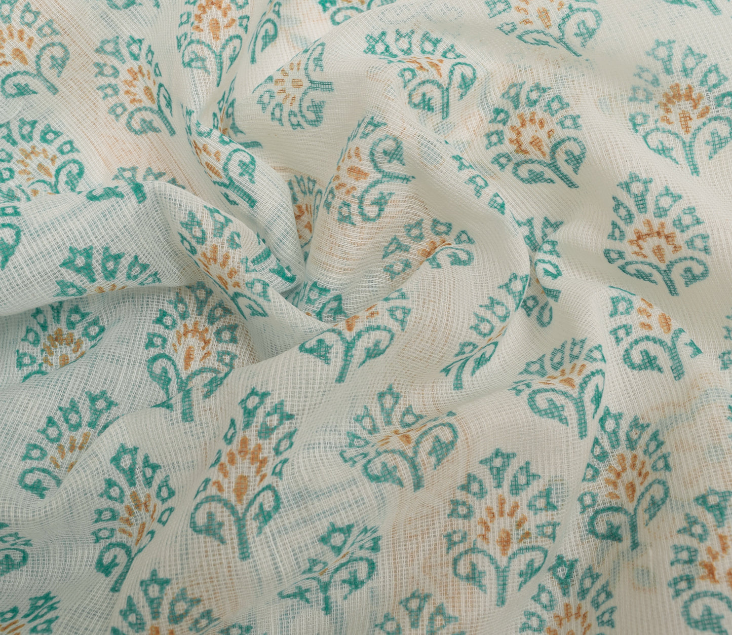 Sushila Vintage White Floral Saree Blend Cotton Hand Block Printed Craft Fabric