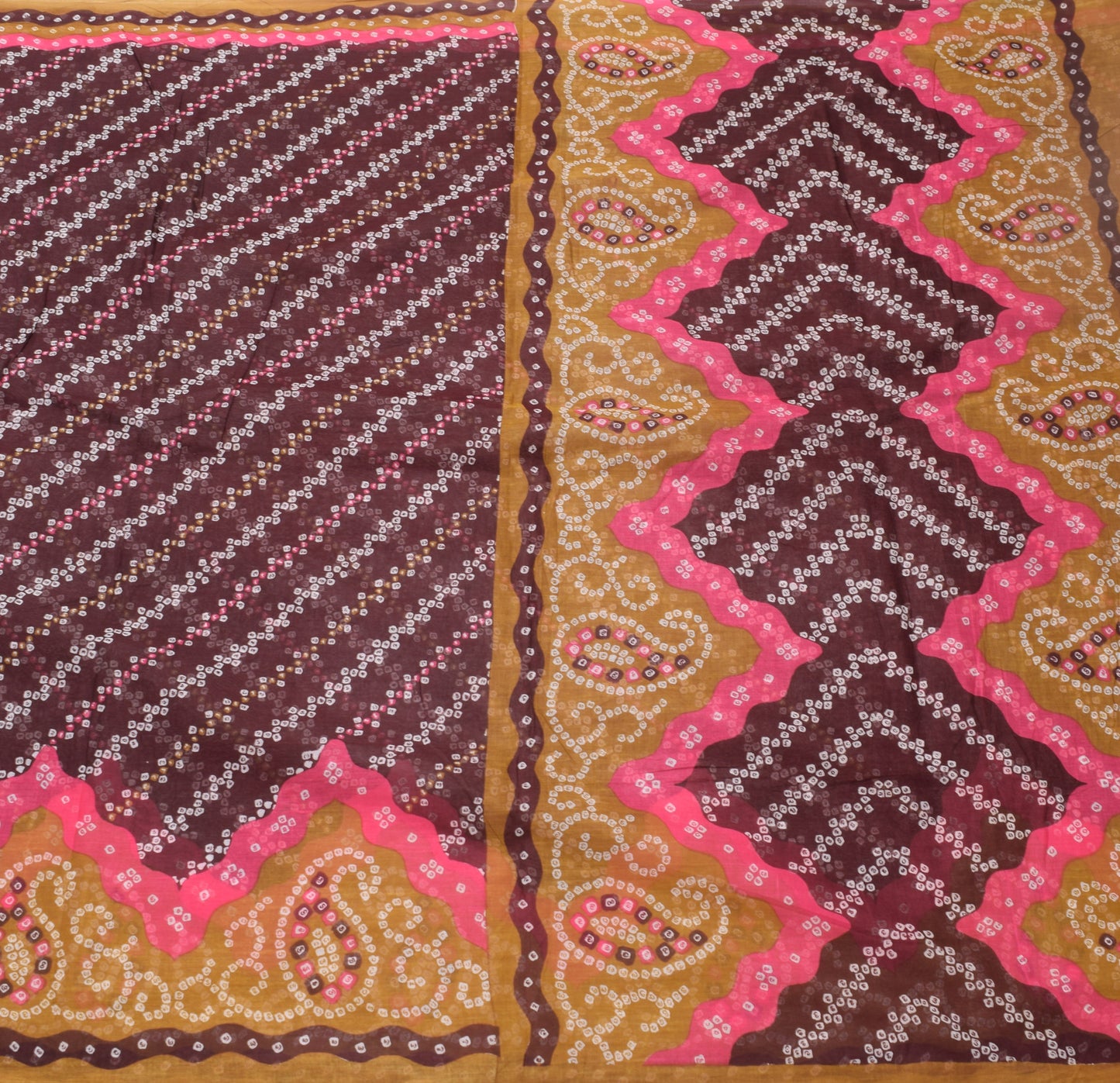 Sushila Vintage Saree 100% Pure Cotton Dark Brown Bandhani Printed Craft Fabric