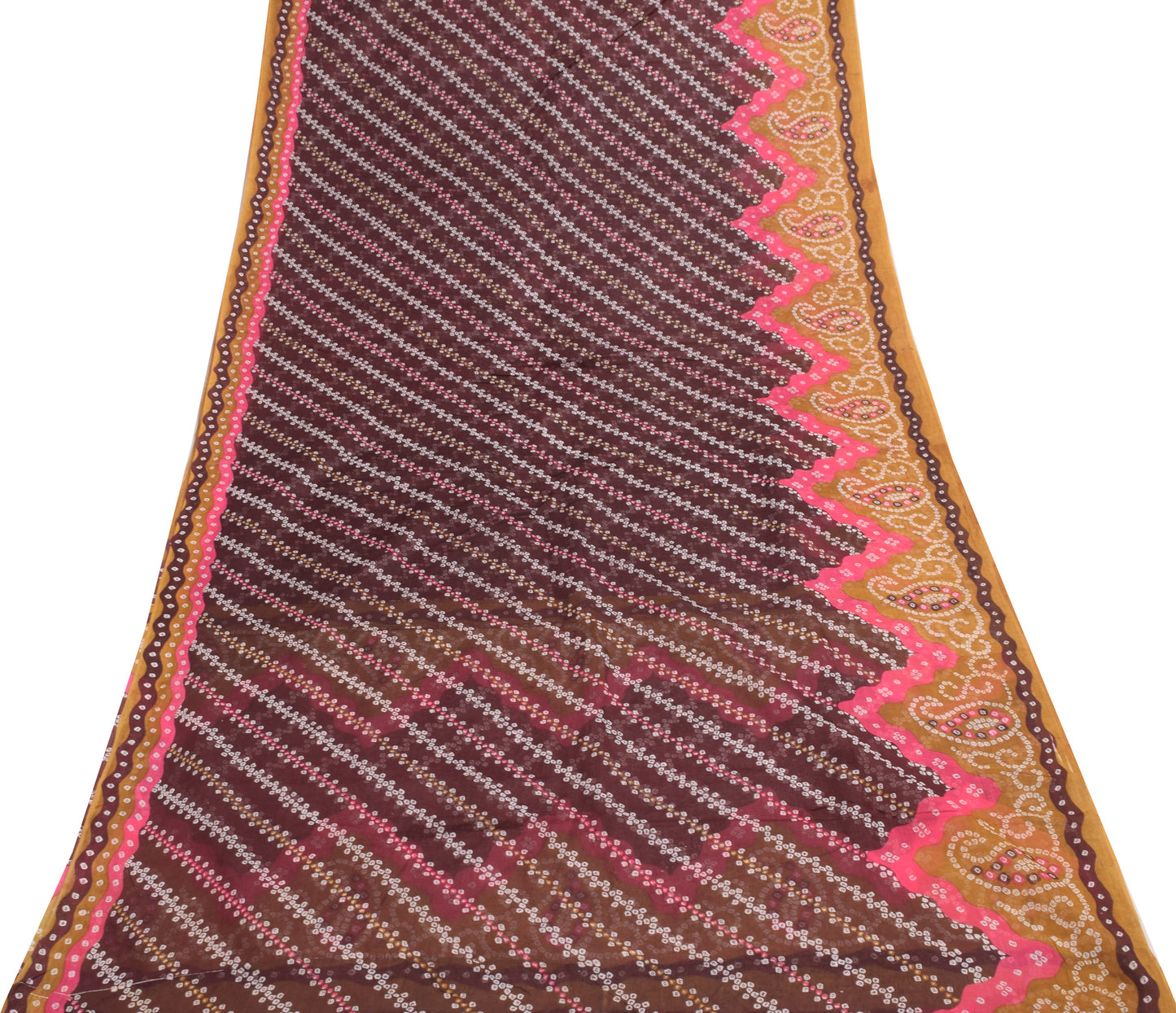 Sushila Vintage Saree 100% Pure Cotton Dark Brown Bandhani Printed Craft Fabric