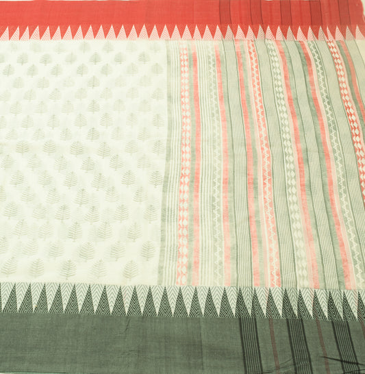 Sushila Vintage White Saree 100% Pure Cotton Floral Woven & Printed Craft Fabric