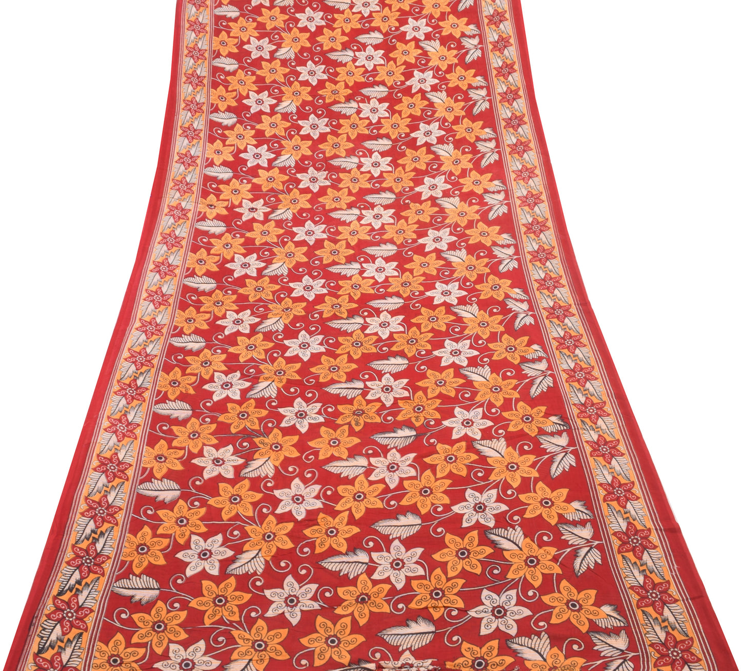 Sushila Vintage Saree 100% Pure Cotton Printed Red Floral Soft Craft Fabric