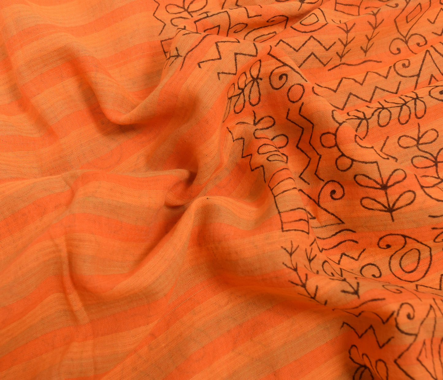Sushila Vintage Orange Saree 100% Pure Cotton Warli Printed Soft Craft Fabric