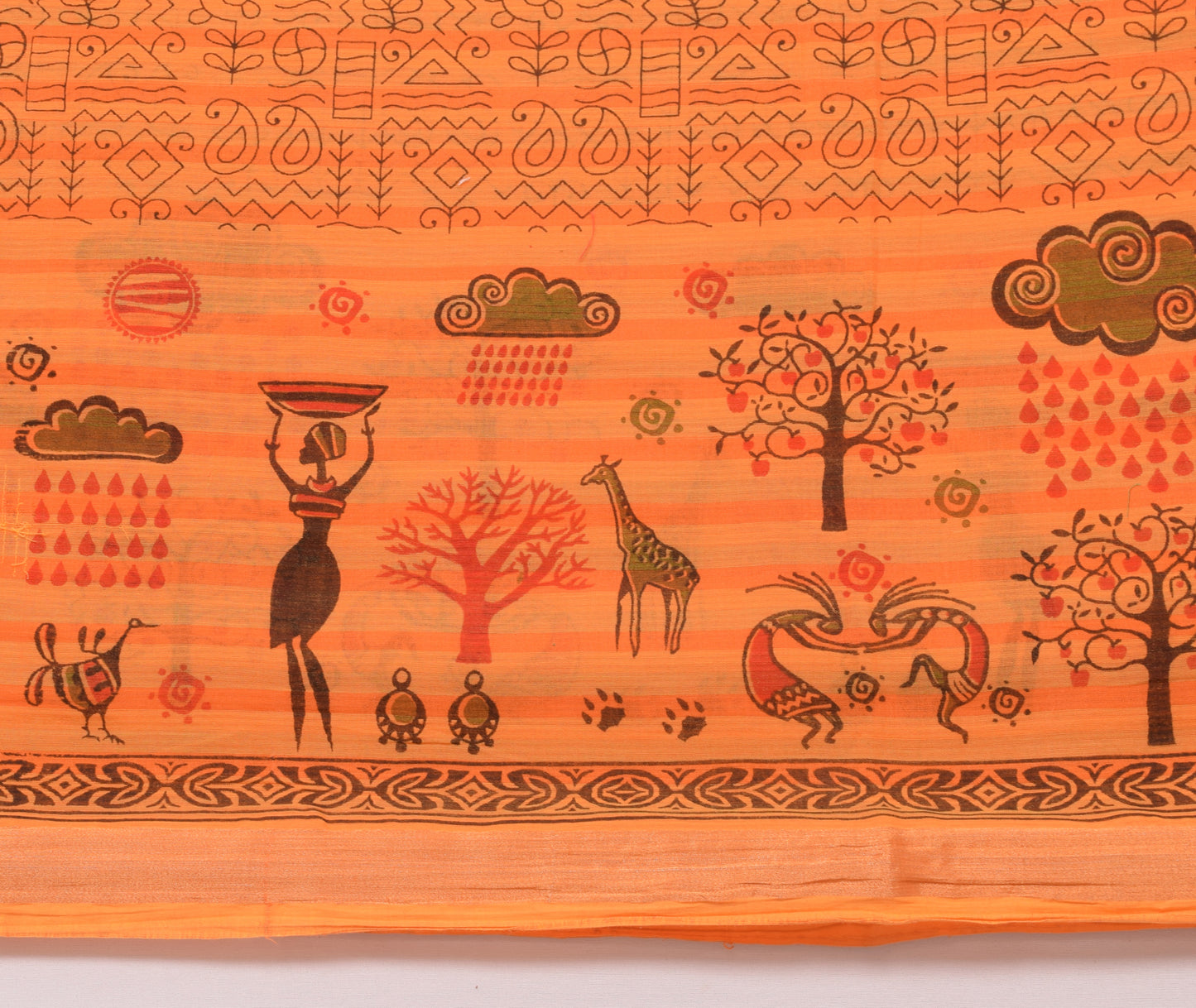 Sushila Vintage Orange Saree 100% Pure Cotton Warli Printed Soft Craft Fabric