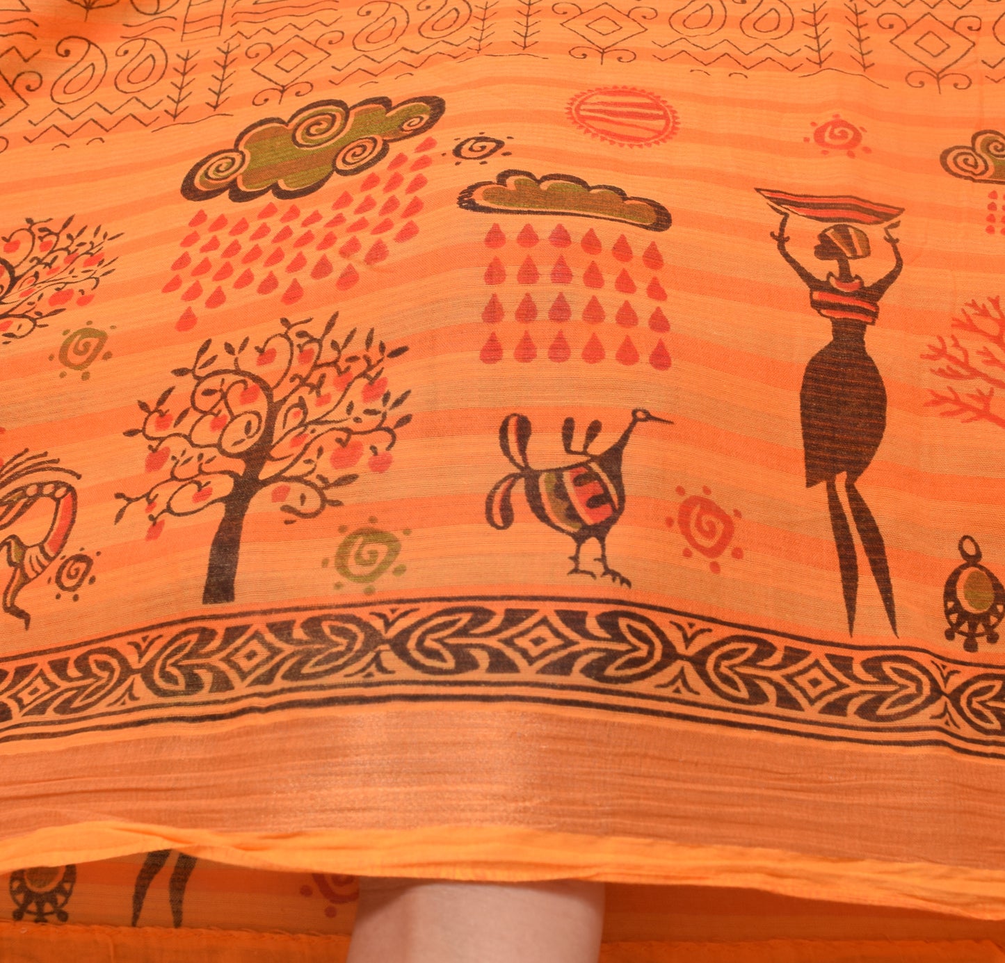 Sushila Vintage Orange Saree 100% Pure Cotton Warli Printed Soft Craft Fabric