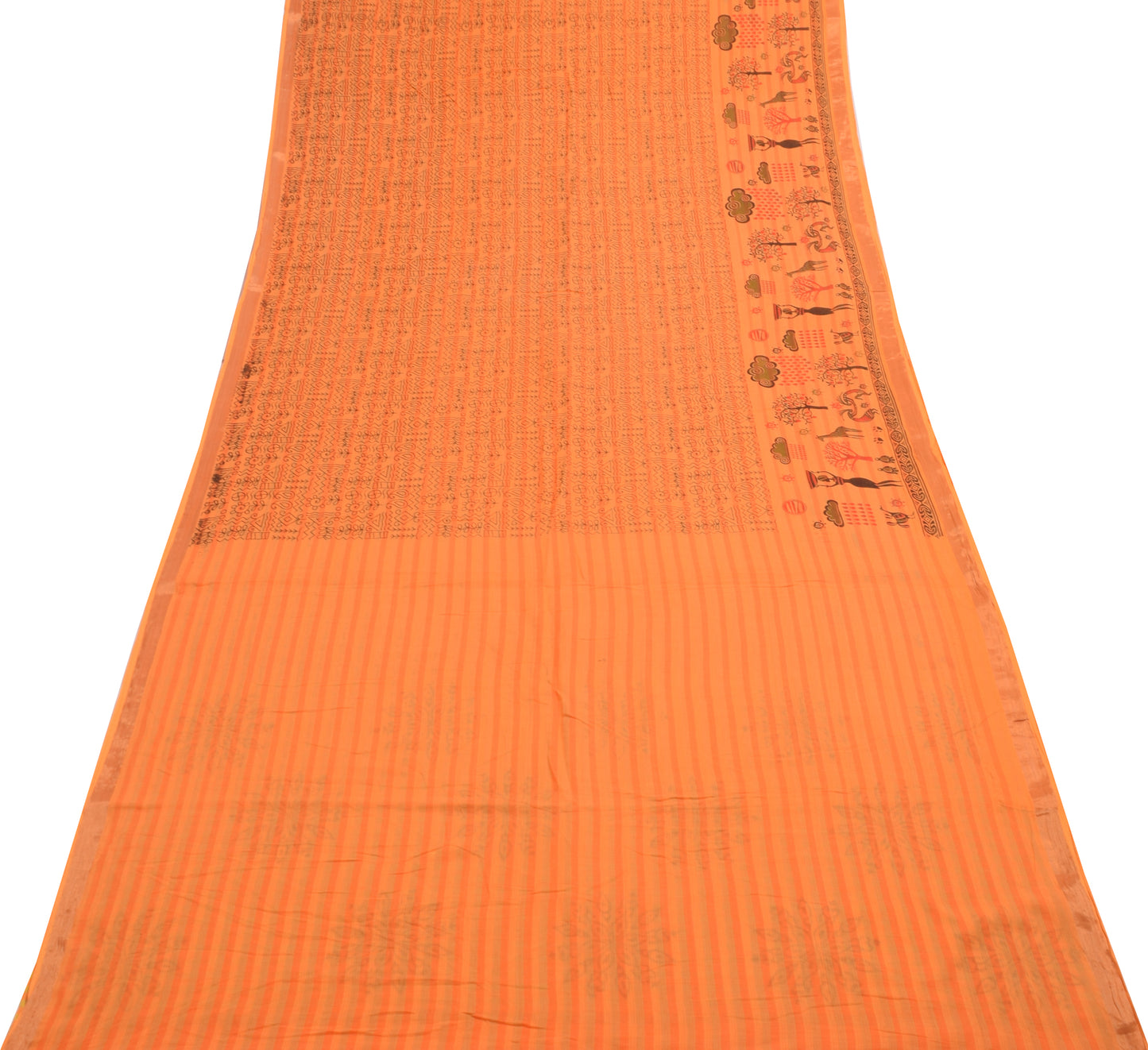 Sushila Vintage Orange Saree 100% Pure Cotton Warli Printed Soft Craft Fabric