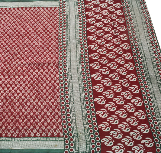 Sushila Vintage Maroon Saree 100% Pure Cotton Printed Paisley 5 YD Craft Fabric