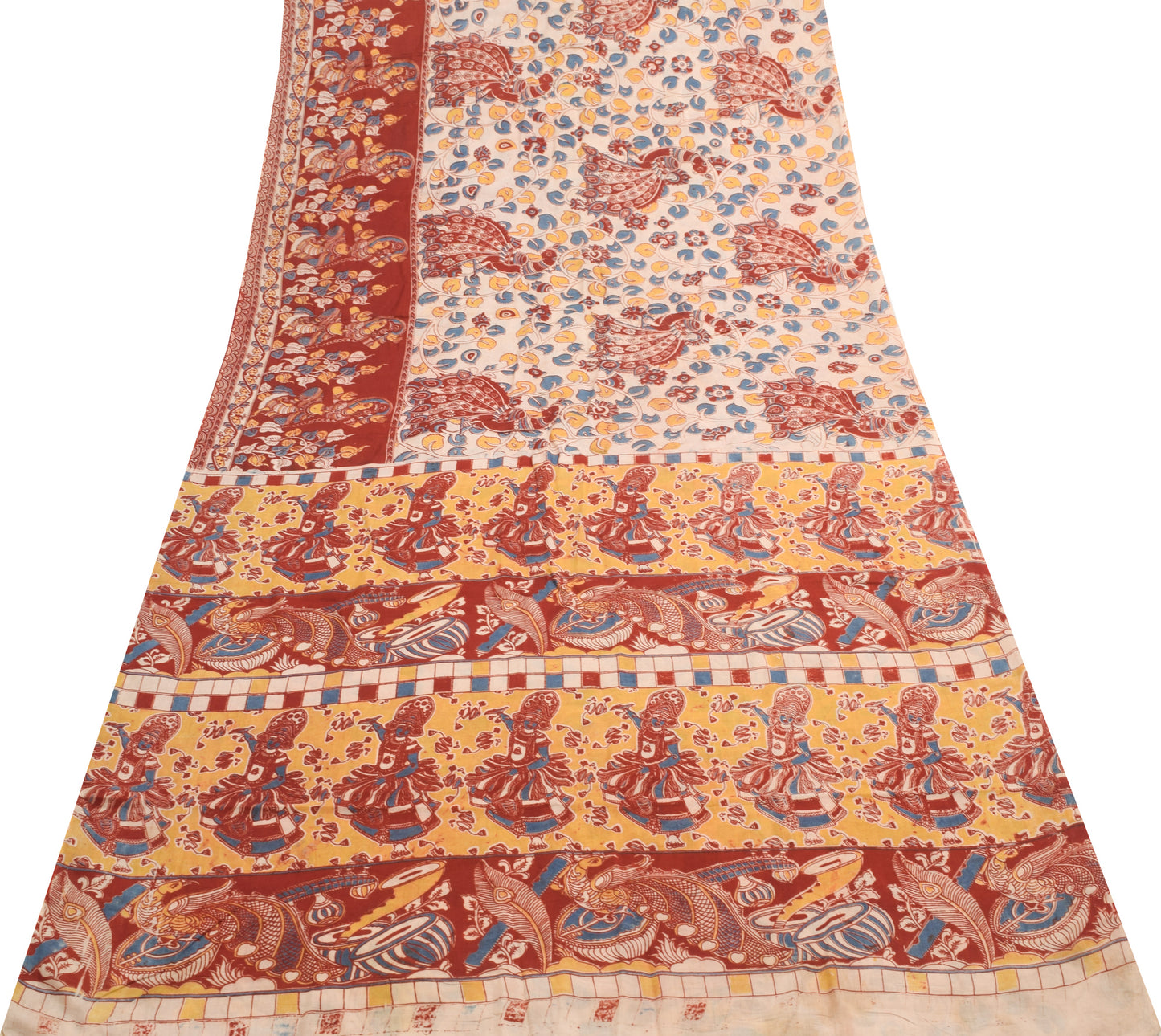 Sushila Vintage Saree Pure Cotton Kalamkari Printed Human Bird Soft Craft Fabric