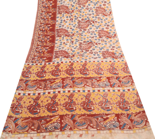 Sushila Vintage Saree Pure Cotton Kalamkari Printed Human Bird Soft Craft Fabric