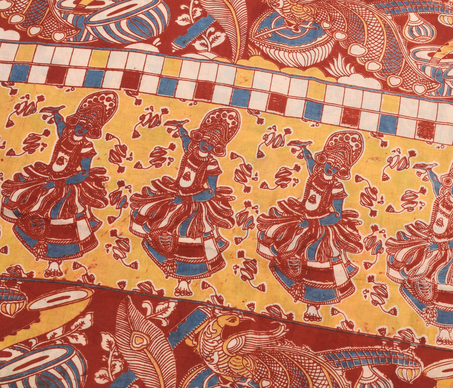 Sushila Vintage Saree Pure Cotton Kalamkari Printed Human Bird Soft Craft Fabric