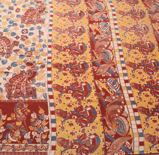 Sushila Vintage Saree Pure Cotton Kalamkari Printed Human Bird Soft Craft Fabric