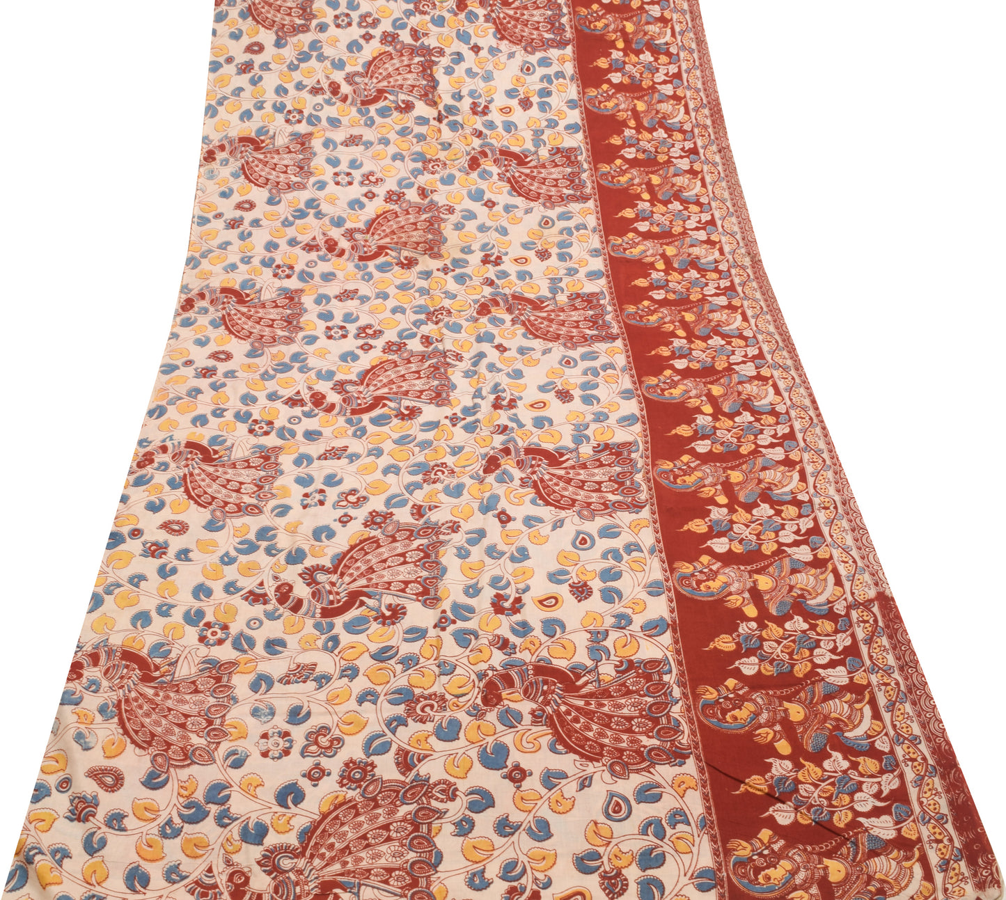 Sushila Vintage Saree Pure Cotton Kalamkari Printed Human Bird Soft Craft Fabric