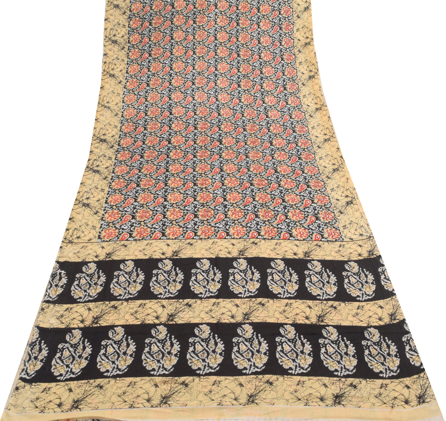Sushila Vintage Saree 100% Pure Cotton Black Batik Printed Soft Craft Fabric