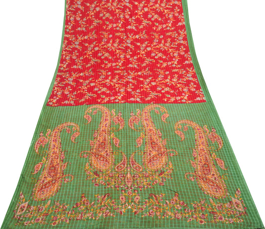 Sushila Vintage Red Floral Saree 100% Pure Cotton Printed Soft Craft Fabric