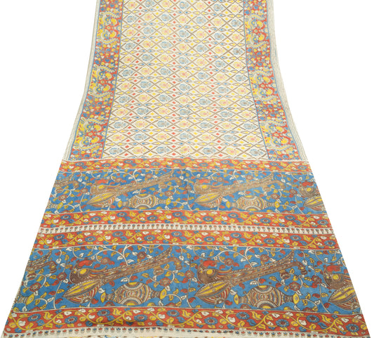 Sushila Vintage White Saree 100% Pure Cotton Kalamkari Printed Soft Craft Fabric