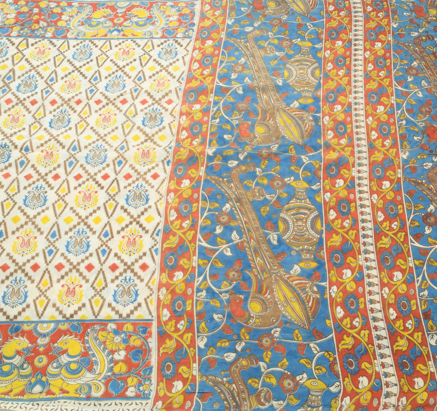 Sushila Vintage White Saree 100% Pure Cotton Kalamkari Printed Soft Craft Fabric