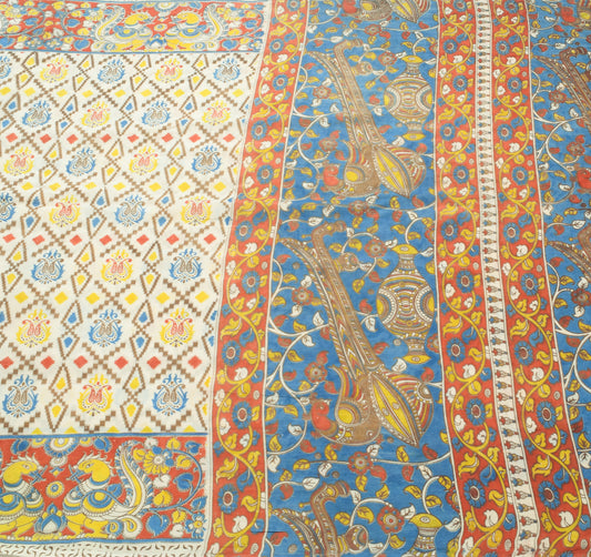 Sushila Vintage White Saree 100% Pure Cotton Kalamkari Printed Soft Craft Fabric