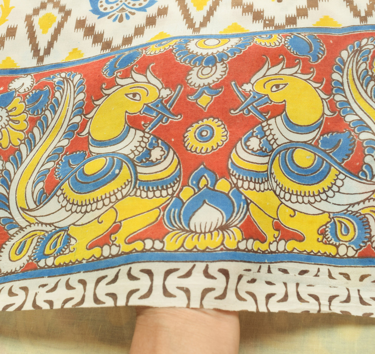 Sushila Vintage White Saree 100% Pure Cotton Kalamkari Printed Soft Craft Fabric