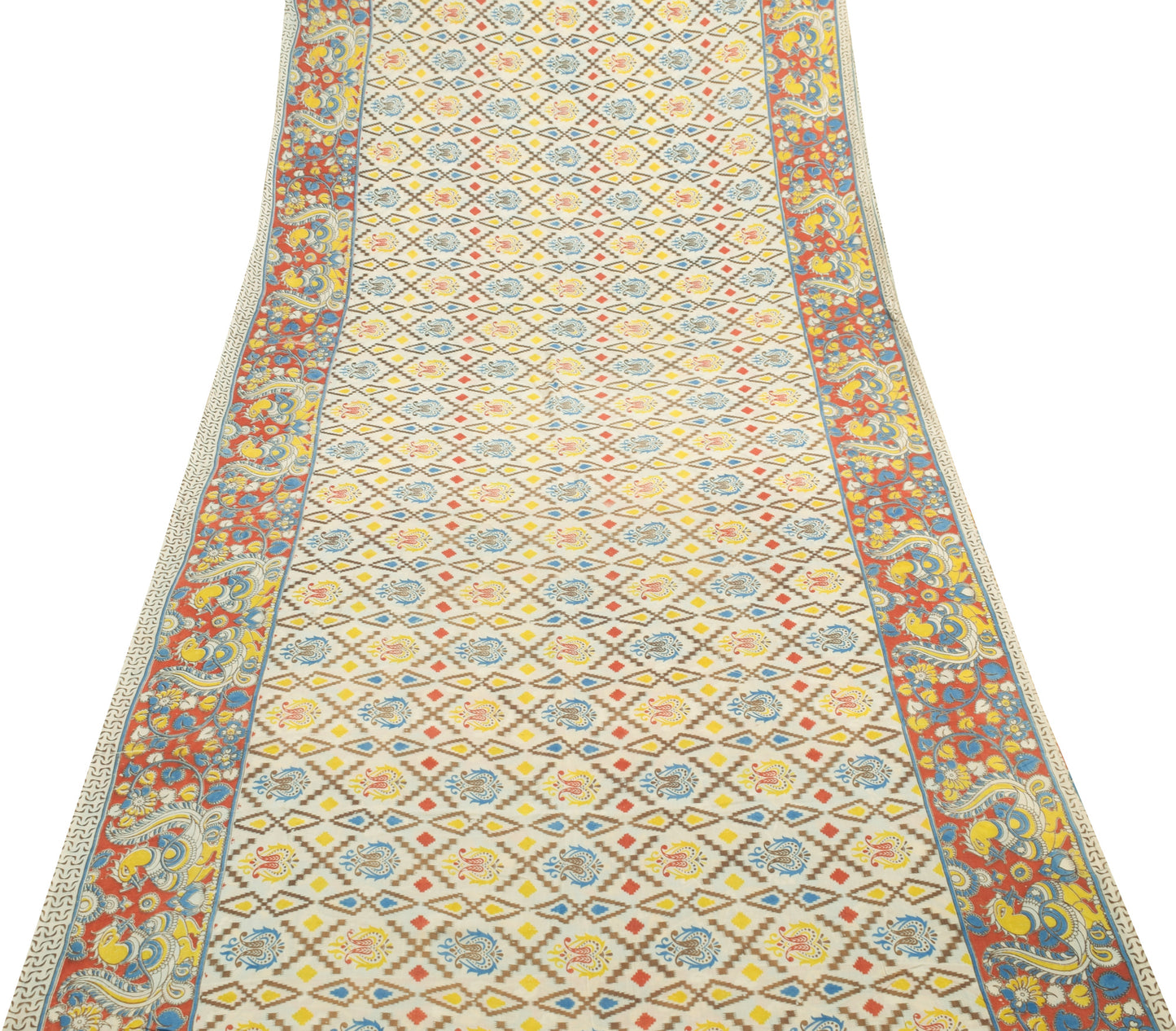 Sushila Vintage White Saree 100% Pure Cotton Kalamkari Printed Soft Craft Fabric