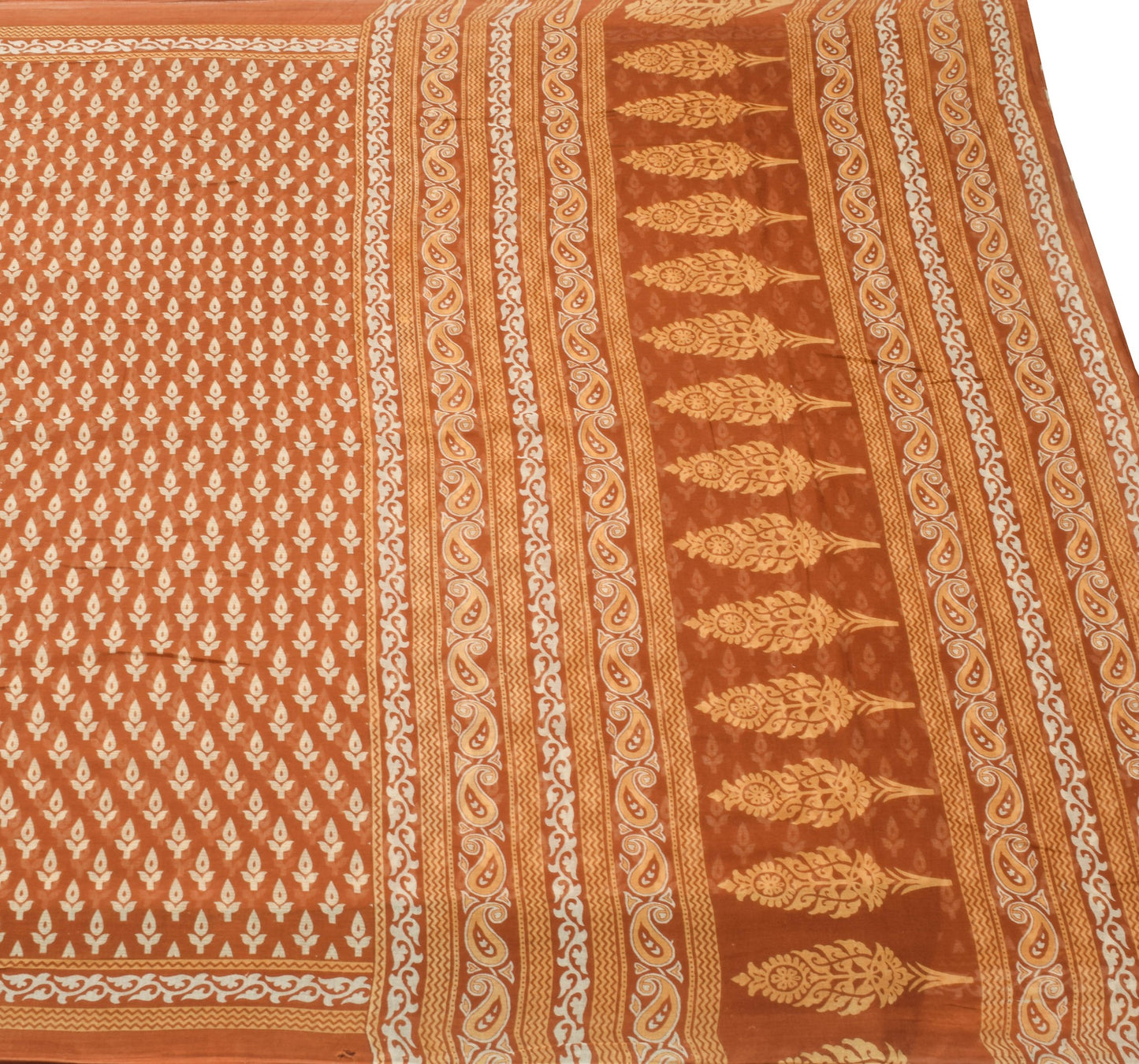 Sushila Vintage Brown Floral Saree 100% Pure Cotton Printed Soft Craft Fabric