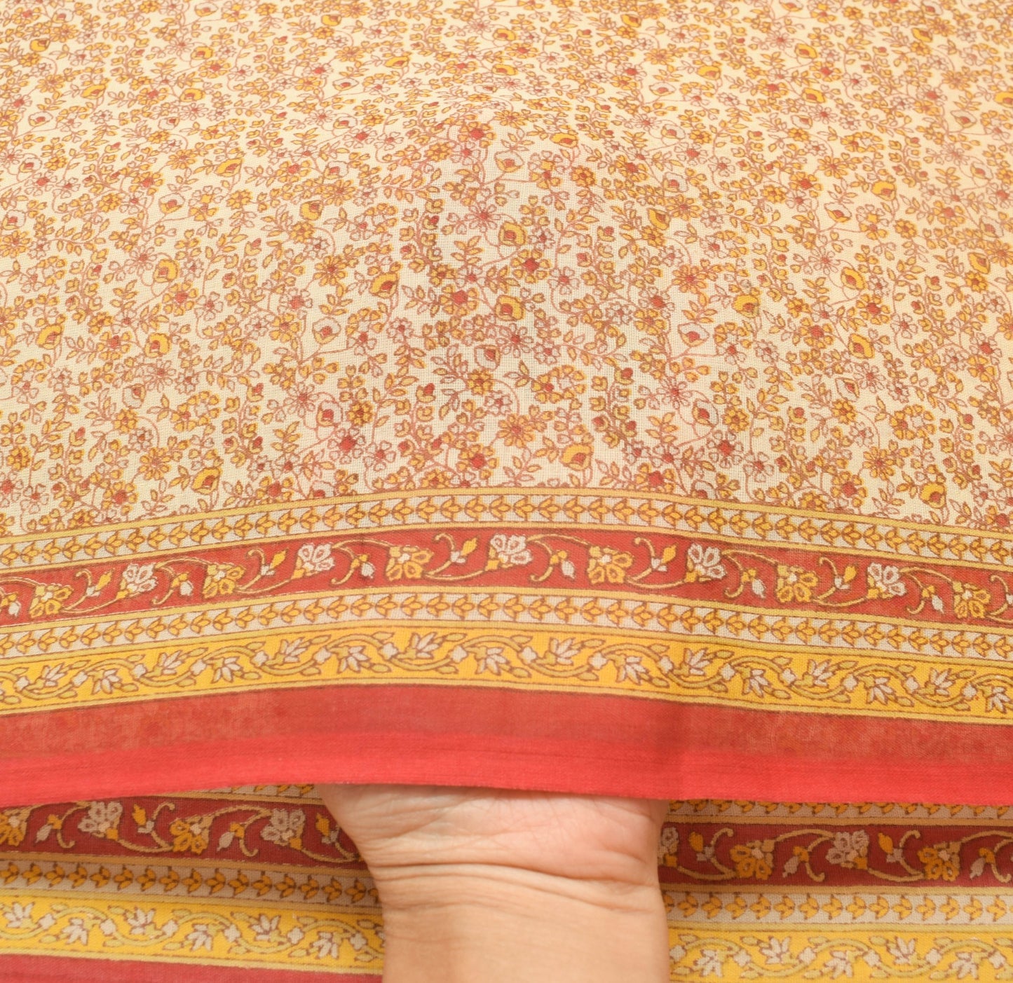 Sushila Vintage Cream Women Saree 100% Pure Cotton Printed Floral Craft Fabric