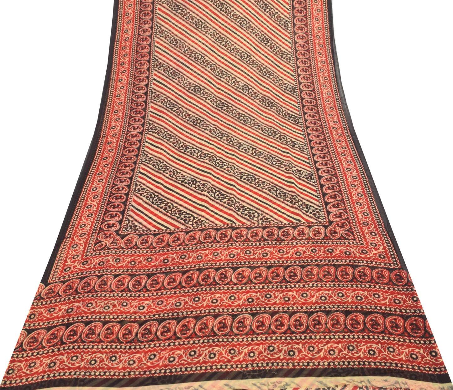 Sushila Vintage Black Saree 100% Pure Cotton Stripes Printed Soft Craft Fabric