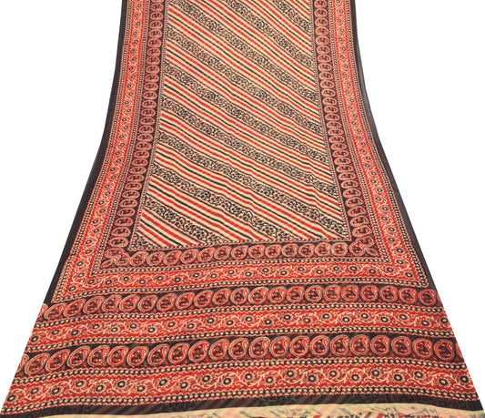 Sushila Vintage Black Saree 100% Pure Cotton Stripes Printed Soft Craft Fabric