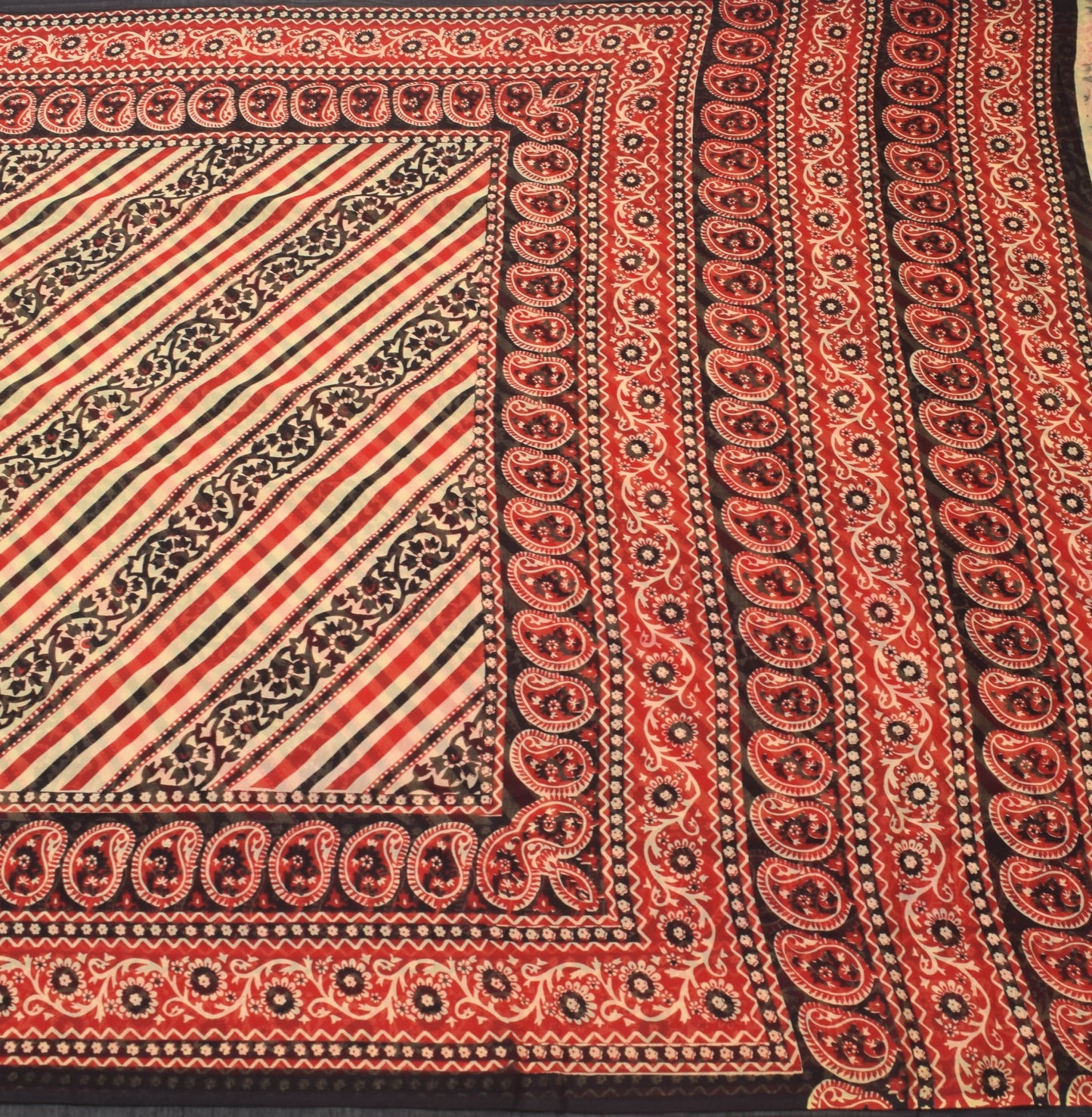 Sushila Vintage Black Saree 100% Pure Cotton Stripes Printed Soft Craft Fabric