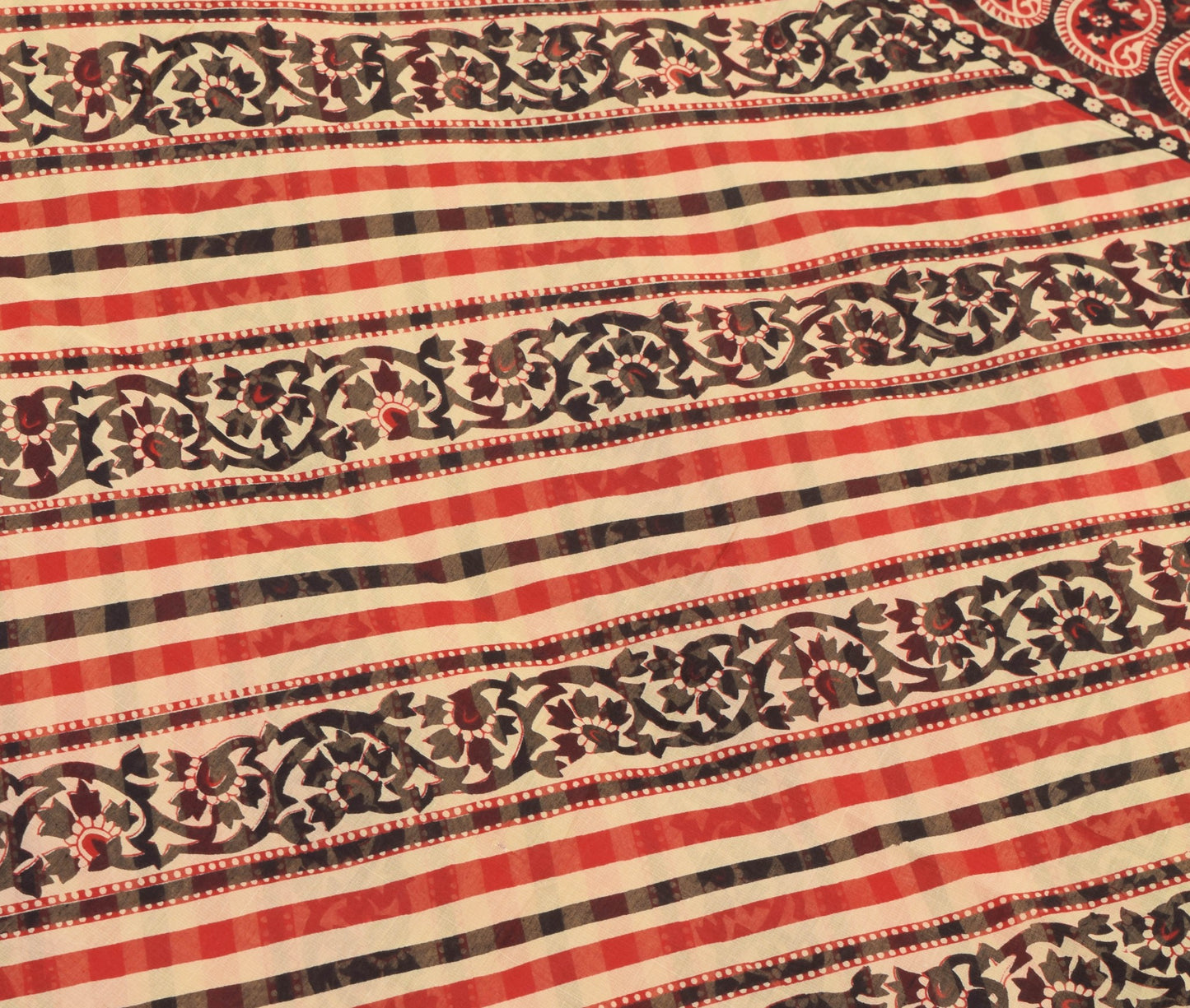 Sushila Vintage Black Saree 100% Pure Cotton Stripes Printed Soft Craft Fabric