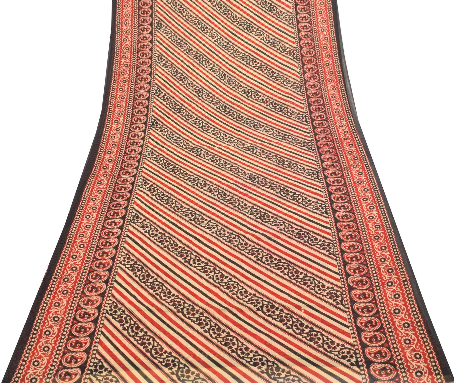 Sushila Vintage Black Saree 100% Pure Cotton Stripes Printed Soft Craft Fabric