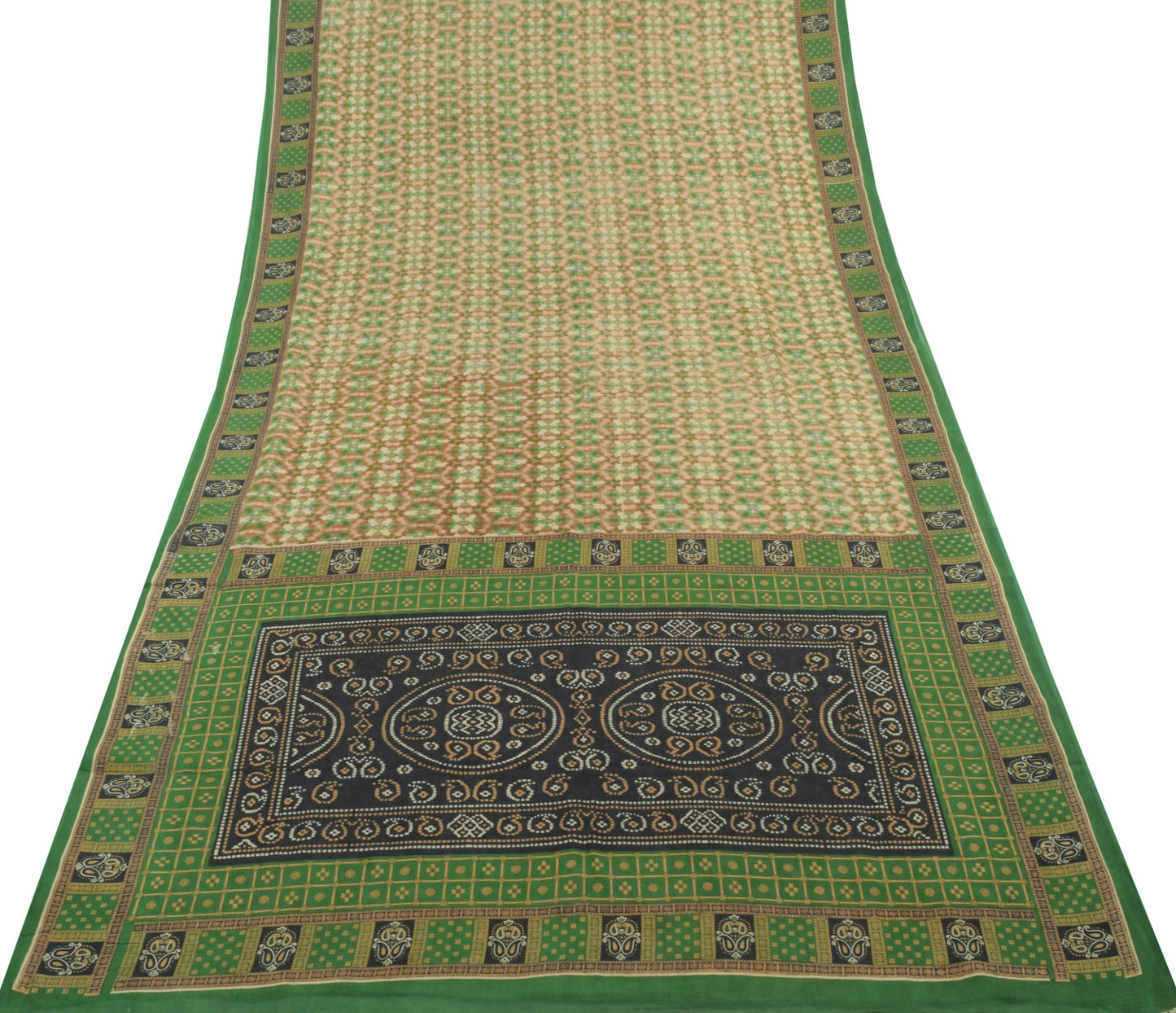 Sushila Vintage Green Antique Indian Saree 100% Pure Cotton Printed Craft Fabric