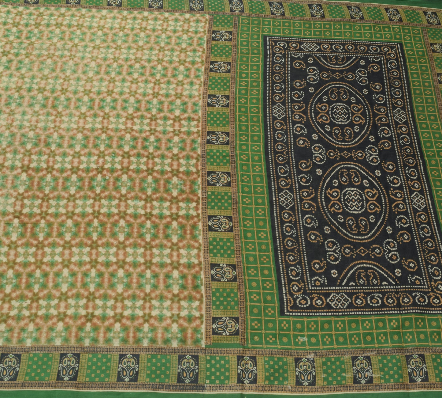 Sushila Vintage Green Antique Indian Saree 100% Pure Cotton Printed Craft Fabric