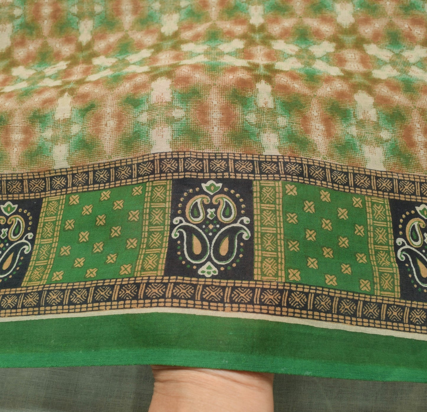 Sushila Vintage Green Antique Indian Saree 100% Pure Cotton Printed Craft Fabric