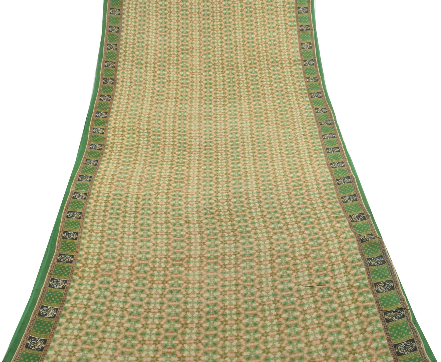 Sushila Vintage Green Antique Indian Saree 100% Pure Cotton Printed Craft Fabric