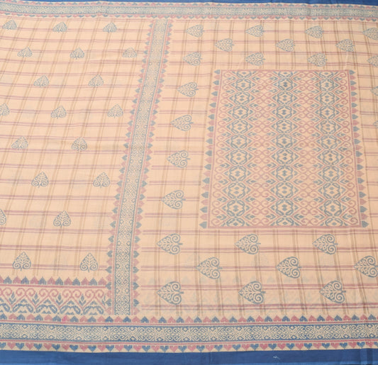 Sushila Vintage Brown Saree 100% Pure Cotton Checks Printed Soft Craft Fabric