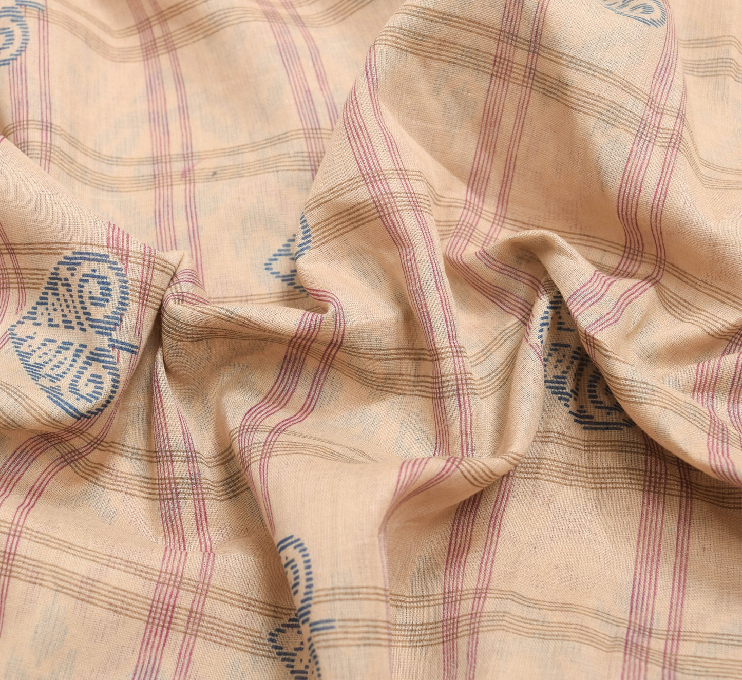 Sushila Vintage Brown Saree 100% Pure Cotton Checks Printed Soft Craft Fabric