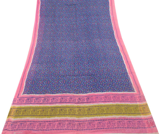 Sushila Vintage Blue Floral Saree 100% Pure Cotton Printed Women Craft Fabric
