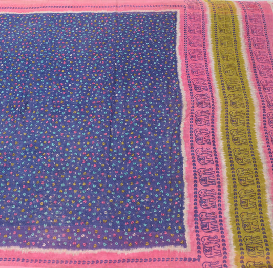 Sushila Vintage Blue Floral Saree 100% Pure Cotton Printed Women Craft Fabric