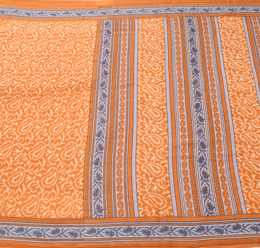 Sushila Vintage Mustard Paisley Saree 100% Pure Cotton Printed Soft Craft Fabric