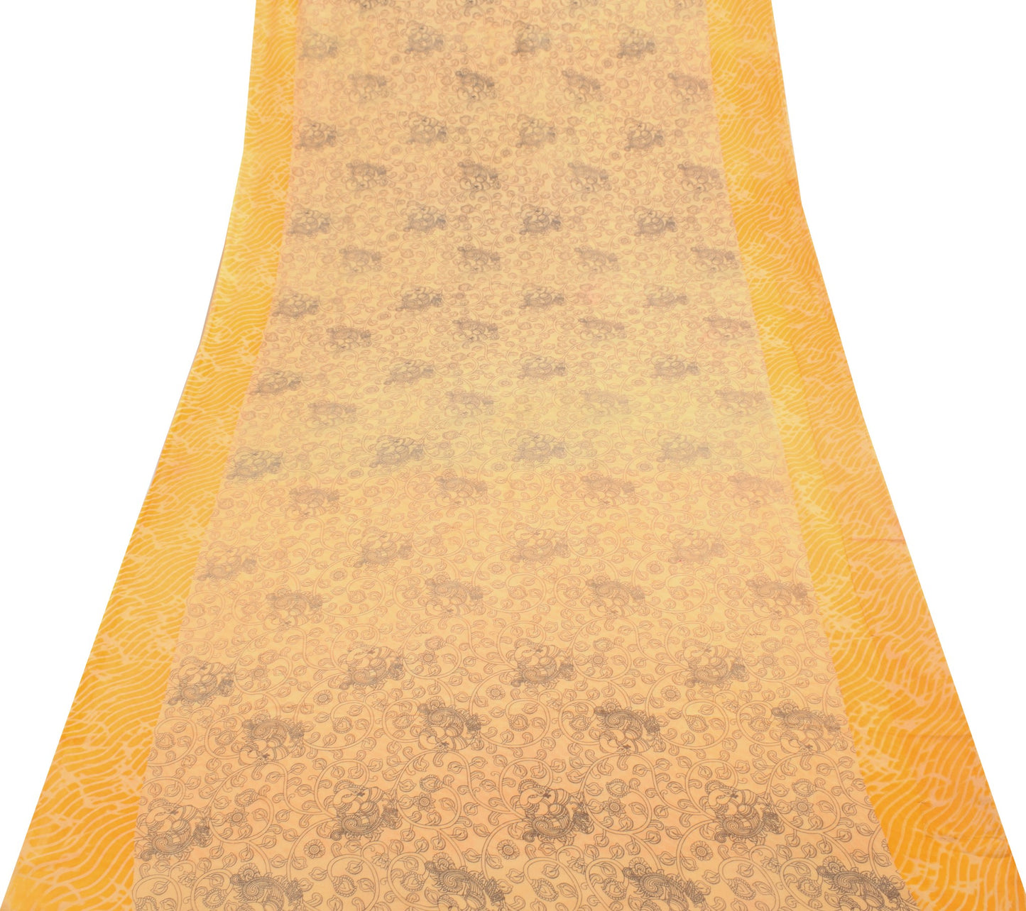 Sushila Vintage Yellow Saree Pure Cotton Kalamkari Printed Peacock Soft Fabric