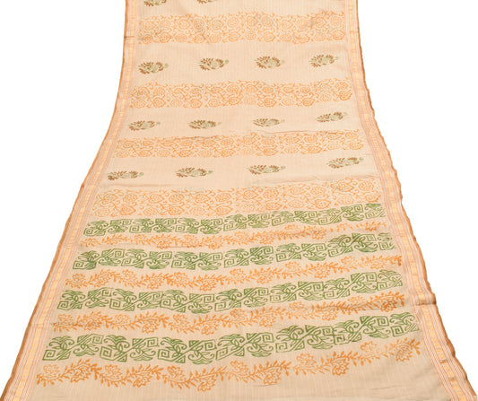 Sushila Vintage Light Brown Saree 100% Pure Cotton Printed Woven Craft Fabric