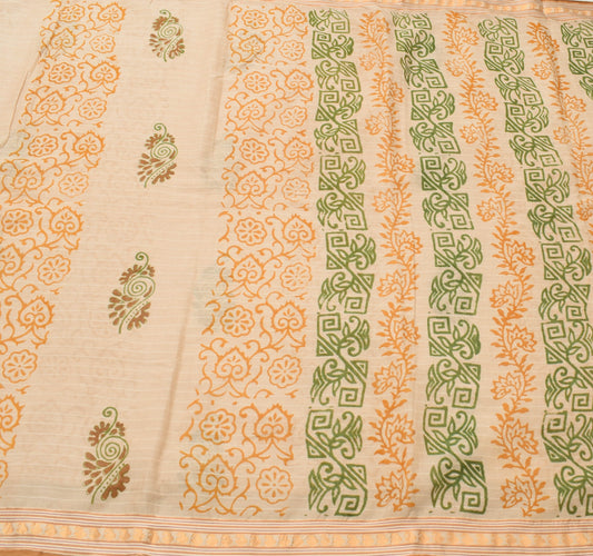 Sushila Vintage Light Brown Saree 100% Pure Cotton Printed Woven Craft Fabric